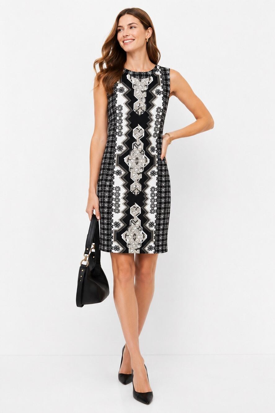 J. McLaughlin Sleeveless Shift Dress M Black White Catalina Cloth Geometric